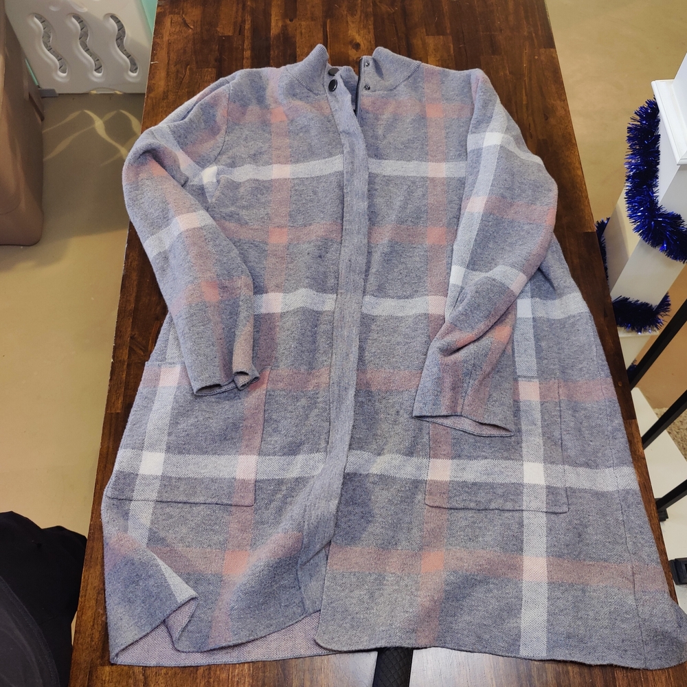 Tahari Heathered Knit Cardigan in Gray and Purple